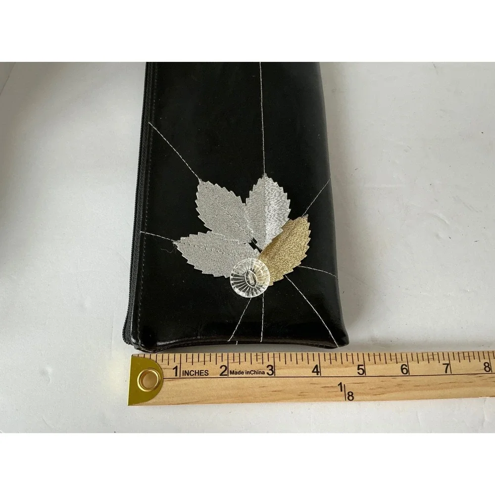 Laura Bee Designs Black Leather Leaf Appliqué Clutch‎ Bag Handmade Seattle Small